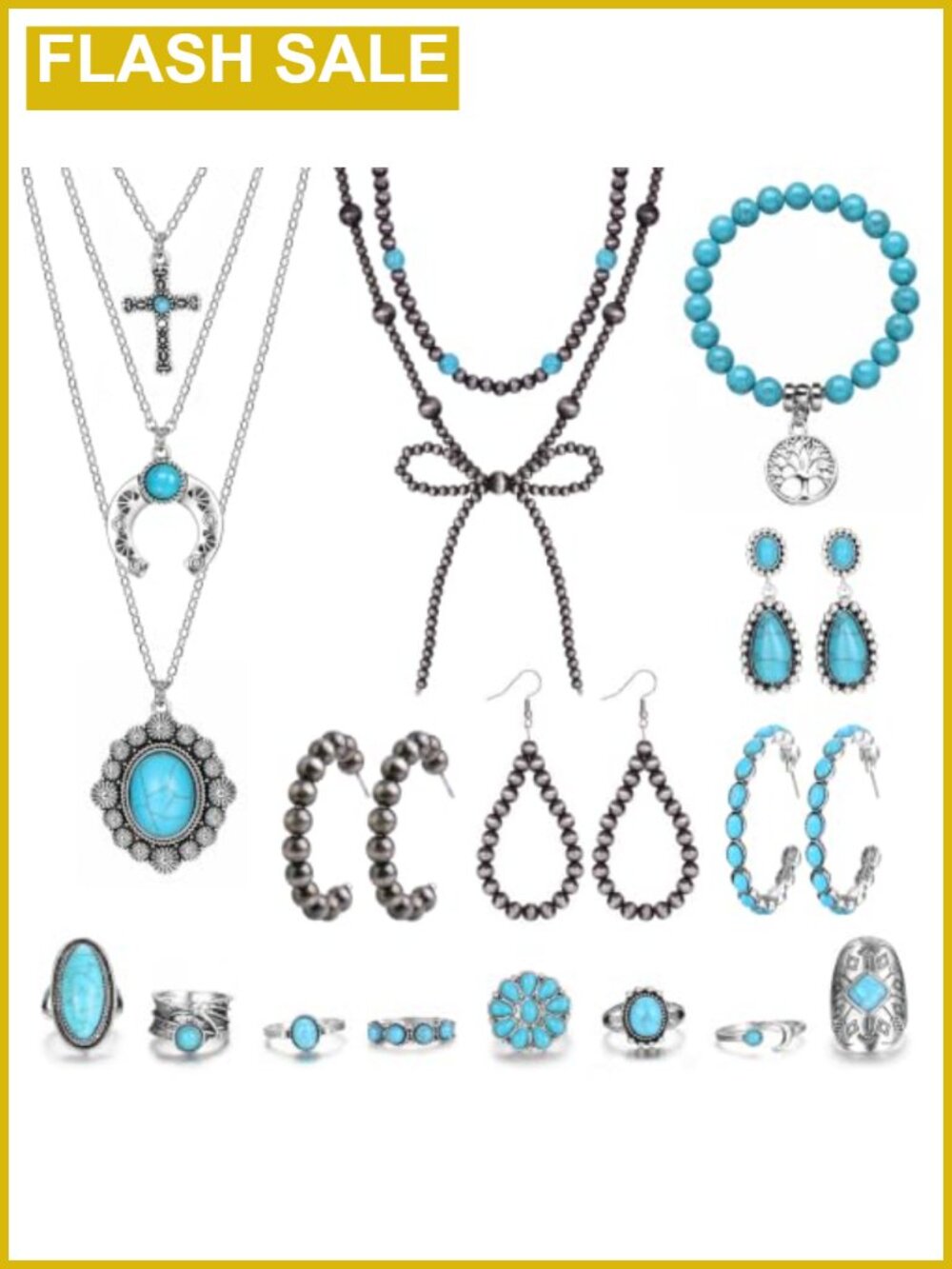 Turquoise Western Jewelry Set Necklaces Earrings Bracelet Rings Boho